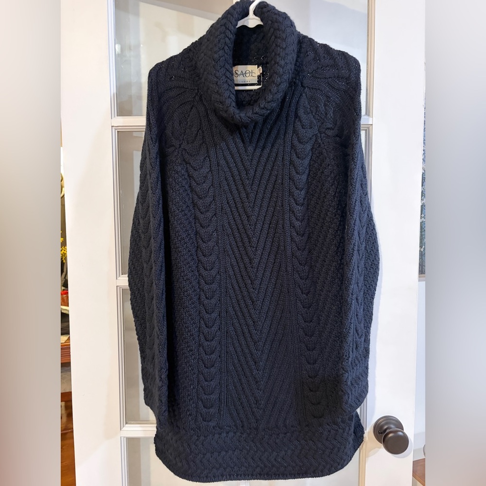 NWT Saol Ireland Ladies Ribbed Navy Cable Knit Turtleneck Sweater Wool Blend XXL